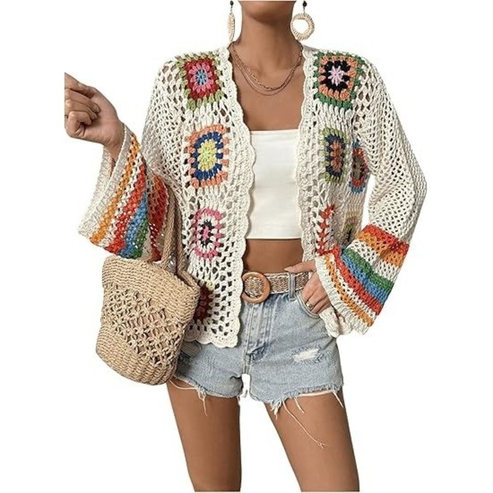 Women's Open Front Crochet Cardigan Granny Square Boho Festival White Size M